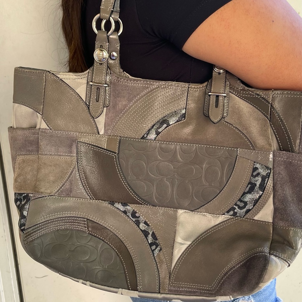 Coach Gray and Brown Shoulder Bag with Geometric Design
